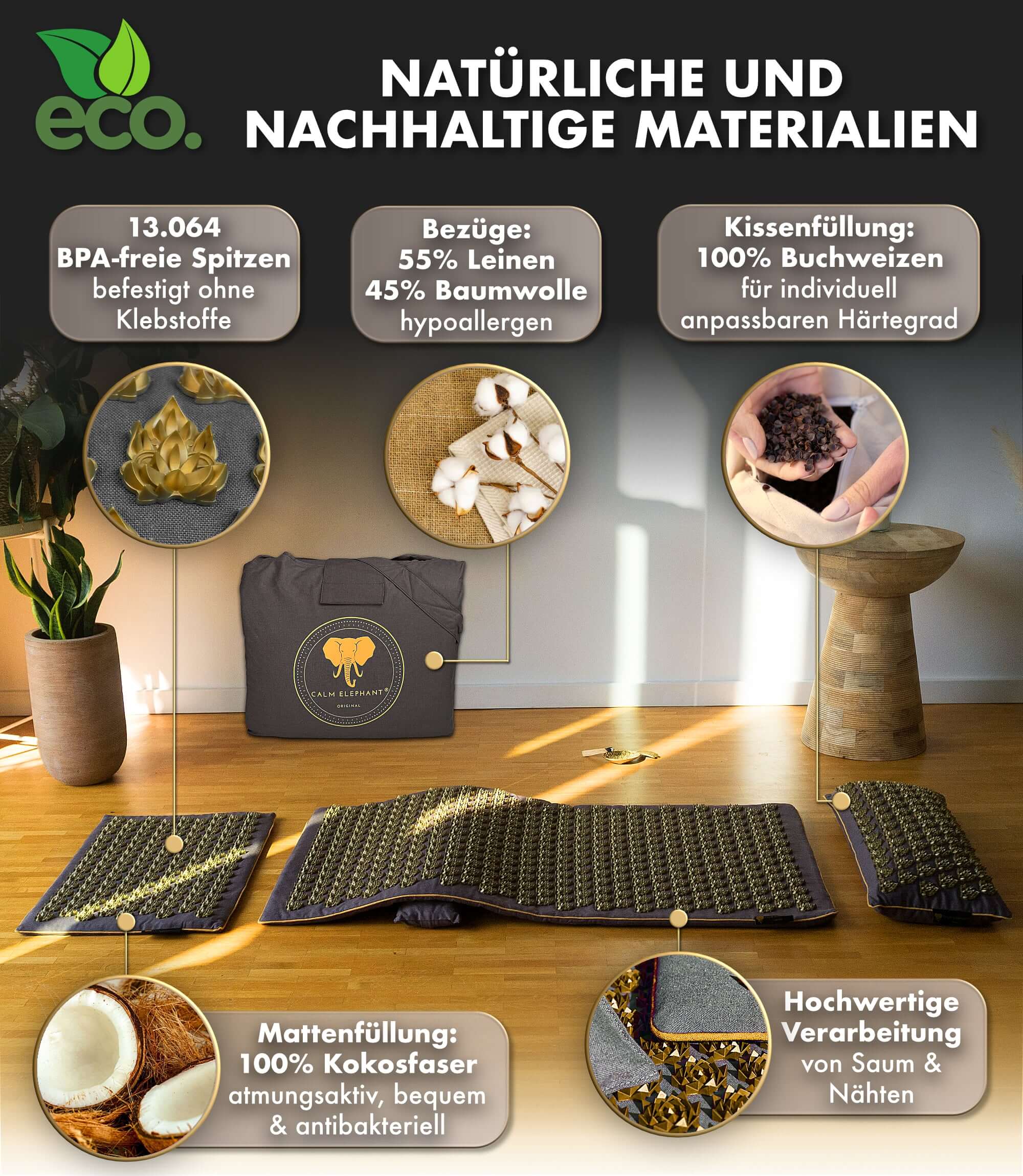 Akupressurmatte intensiv | MANDALA PRO XXL 5er Set - grau mit natürlichen und nachhaltigen Materialien