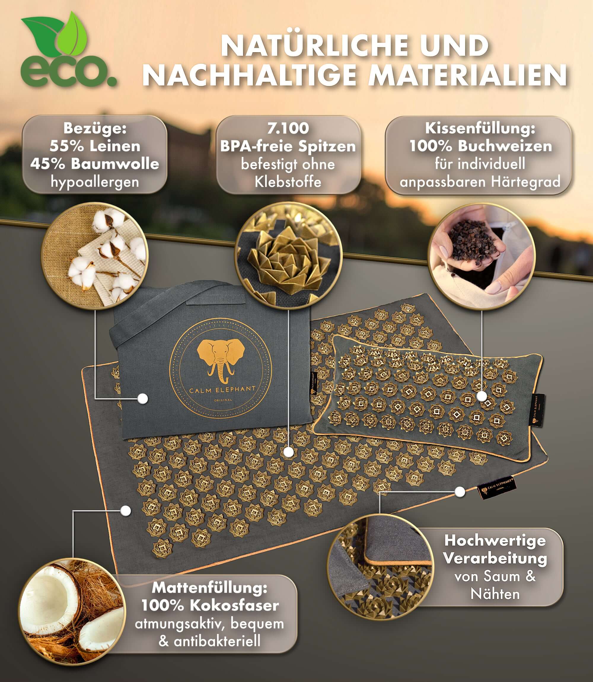 Akupressurmatte | PURE ECO 3er Set - grau mit natürlichen Materialien und hochwertiger Verarbeitung von CALM ELEPHANT.