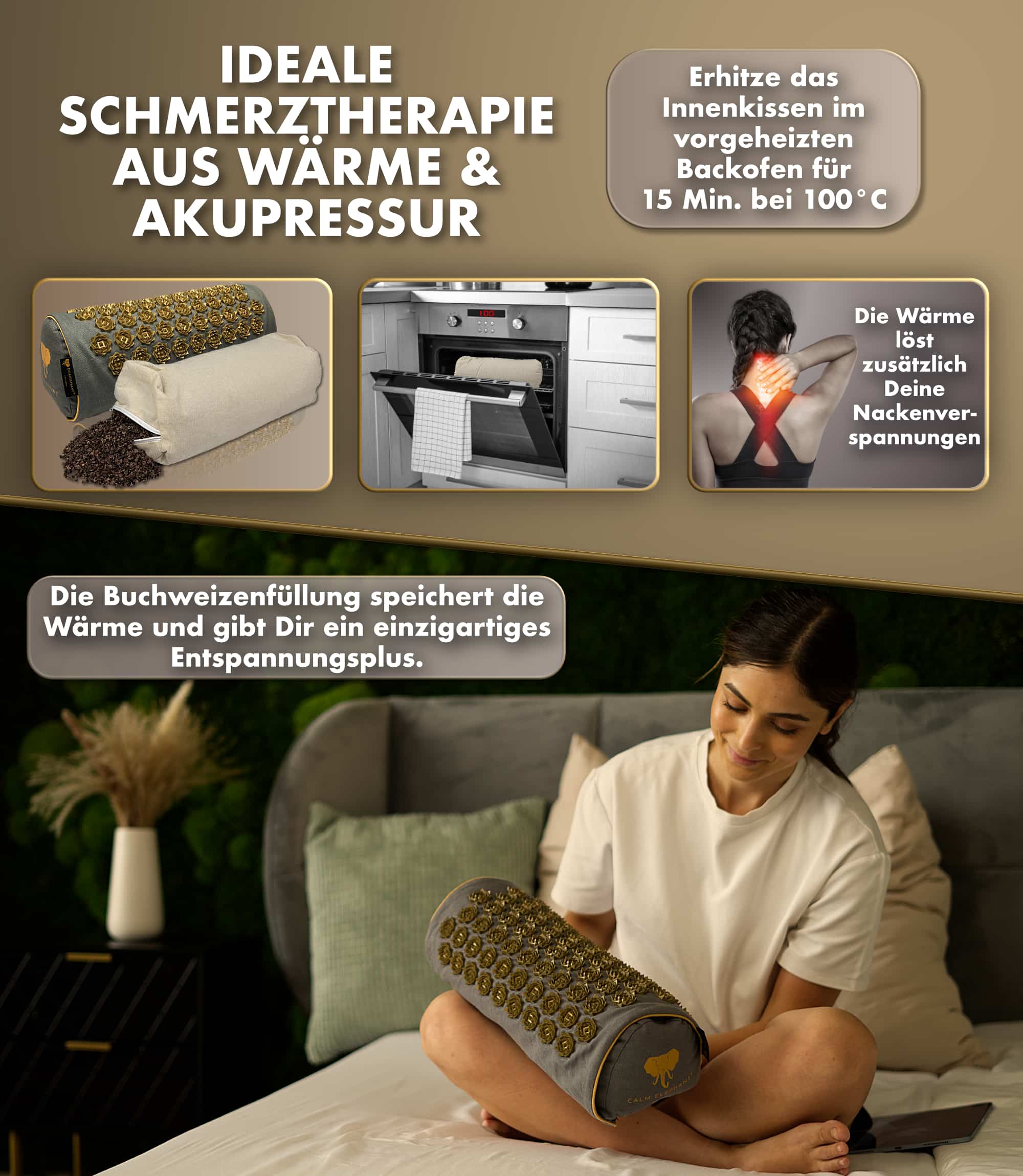 Akupressurkissen 2in1 - grau in Verwendung für Wärme- und Akupressurtherapie zur Linderung von Nackenverspannungen.