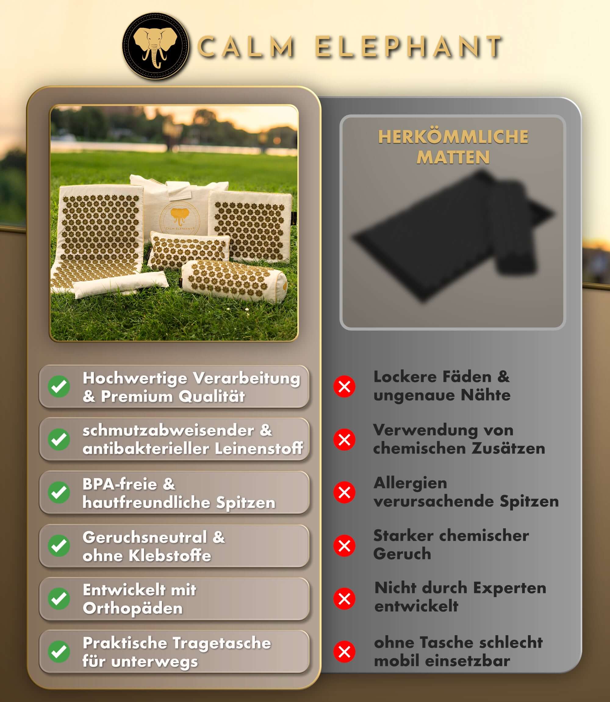 Akupressurmatte | ULTIMATE 6er Set - beige mit hochwertigen Materialien und Vorteilen für die Gesundheit.