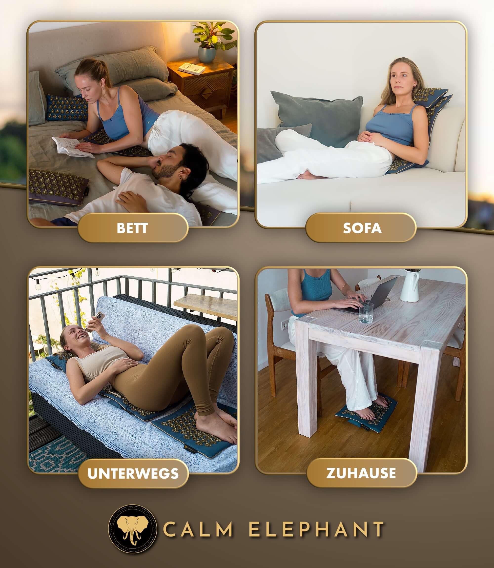 Akupressurmatte intensiv | MANDALA PRO 5er Set - blau in Nutzung auf Bett, Sofa, unterwegs und Zuhause.