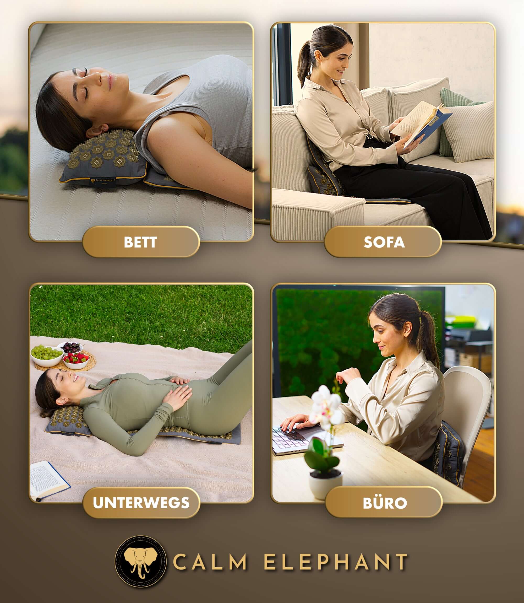 Akupressurmatte | PURE ECO 3er Set - grau Anwendung auf Bett, Sofa, Unterwegs und im Büro für Entspannung und Wohlbefinden.