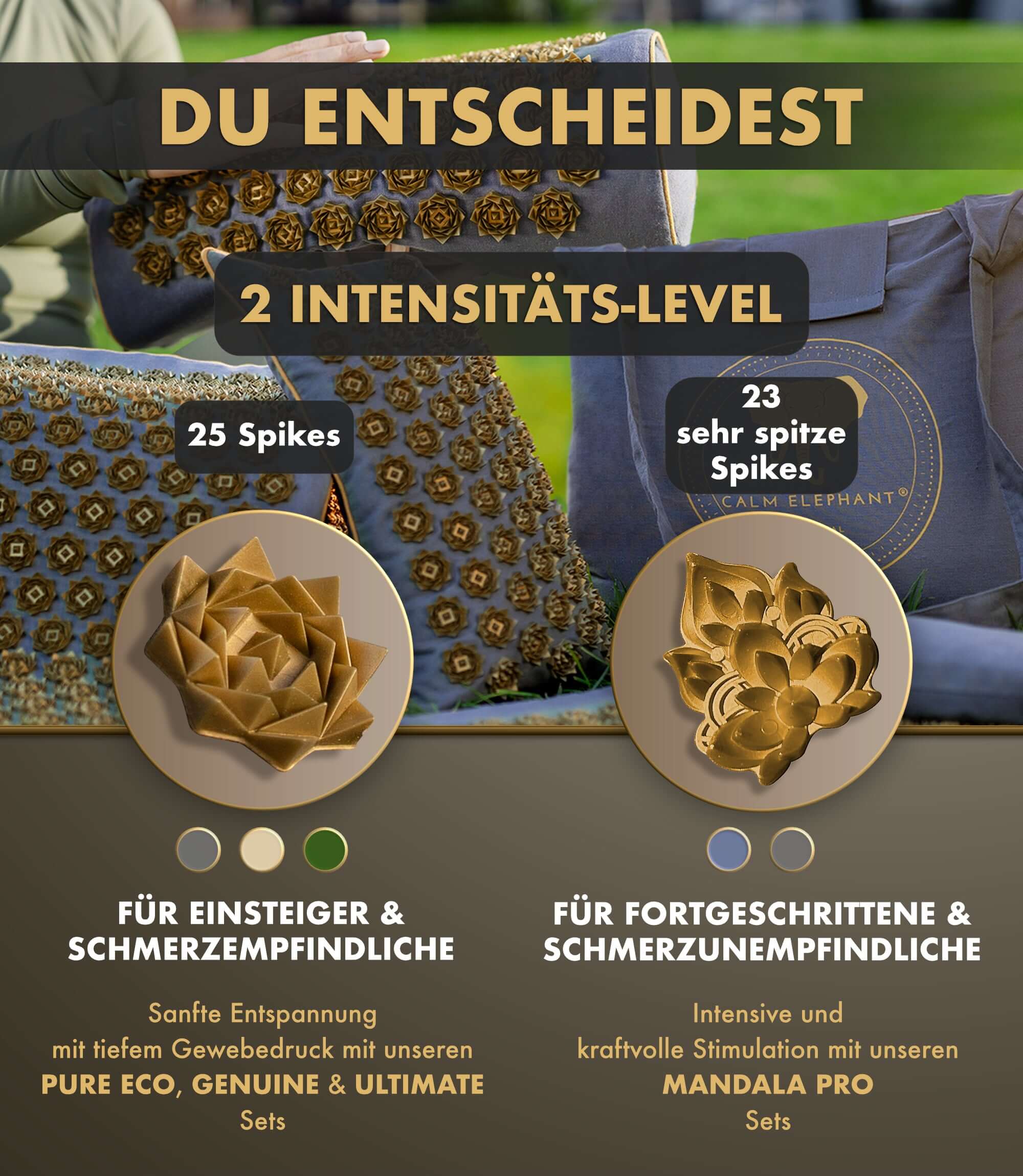 Du entscheidest zwischen 2 Intensitäts-Leveln für die Akupressurmatte | PURE ECO 3er Set - grau.