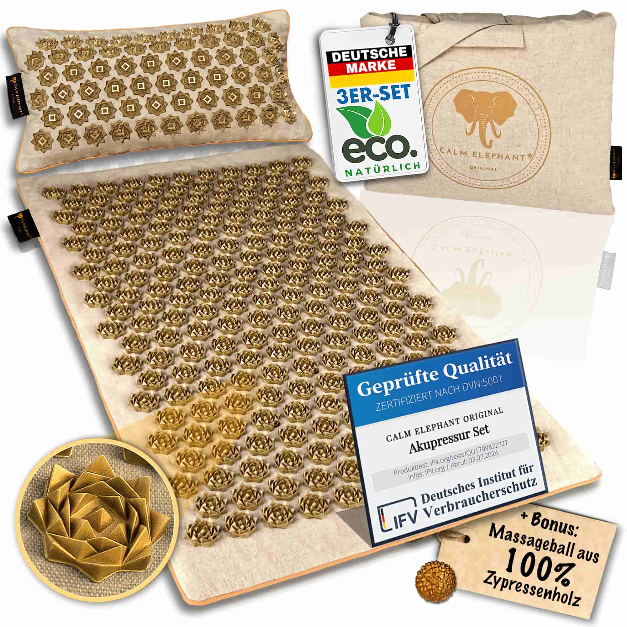 Akupressurmatte | PURE ECO 3er Set - beige von CALM ELEPHANT mit Massagematte und Kissen für Entspannung.