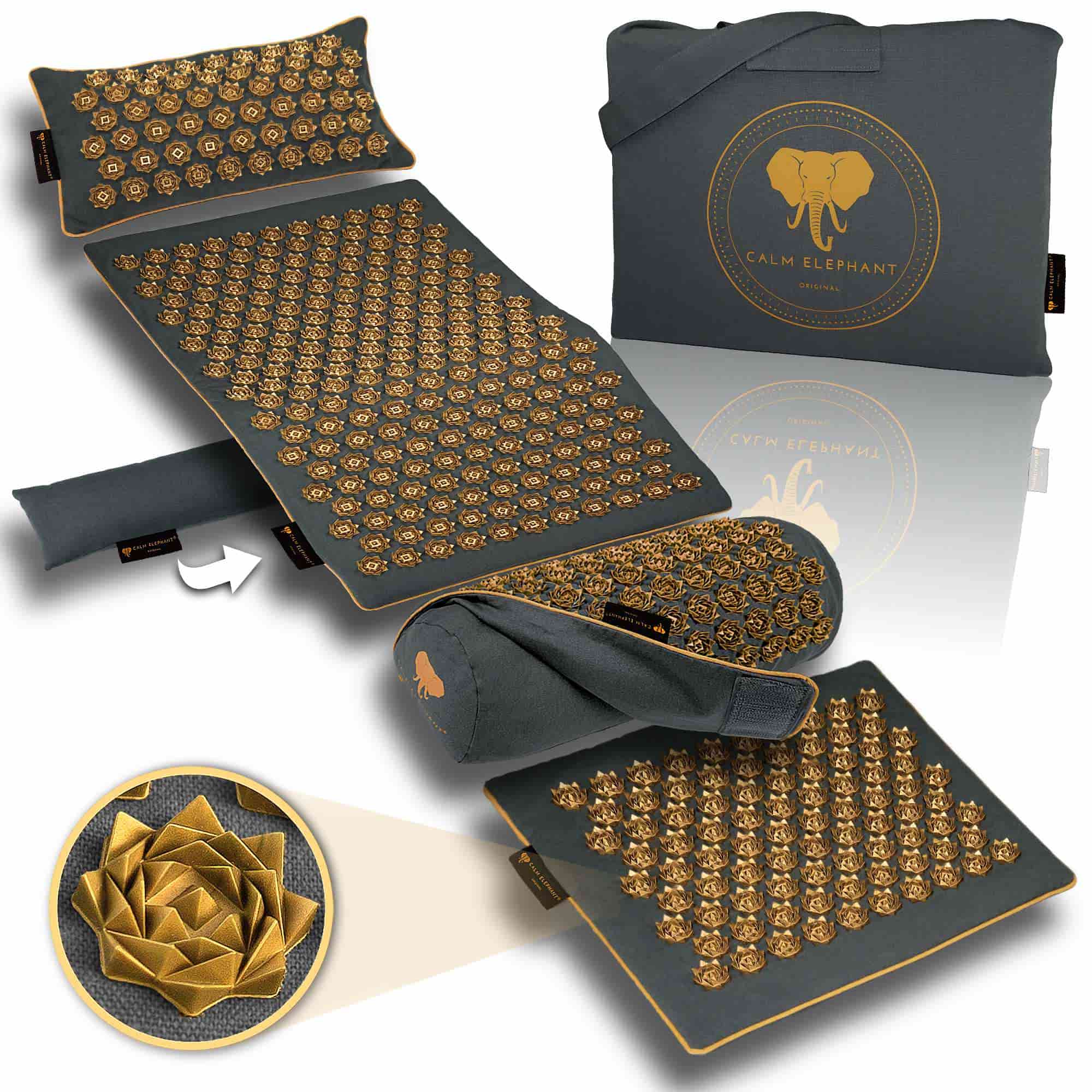 Akupressurmatte | ULTIMATE 6er Set - grau von CALM ELEPHANT mit bequemen Kissen und tragbarer Tasche.