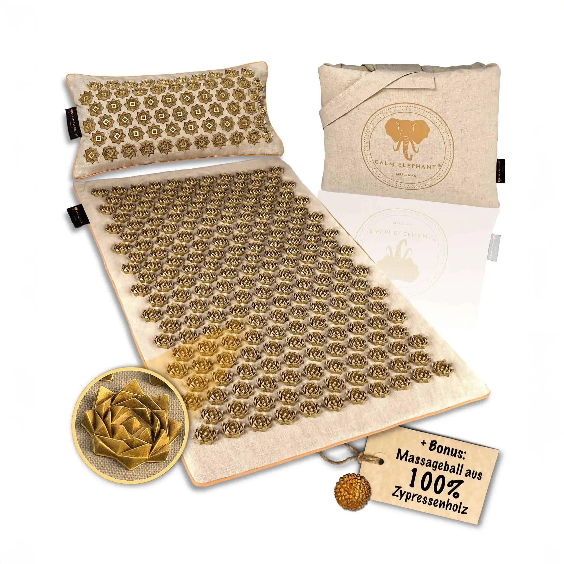 Akupressurmatte | PURE ECO 3er Set - beige mit Kopfkissen und Bonus-Massageball aus 100% Zypressenholz
