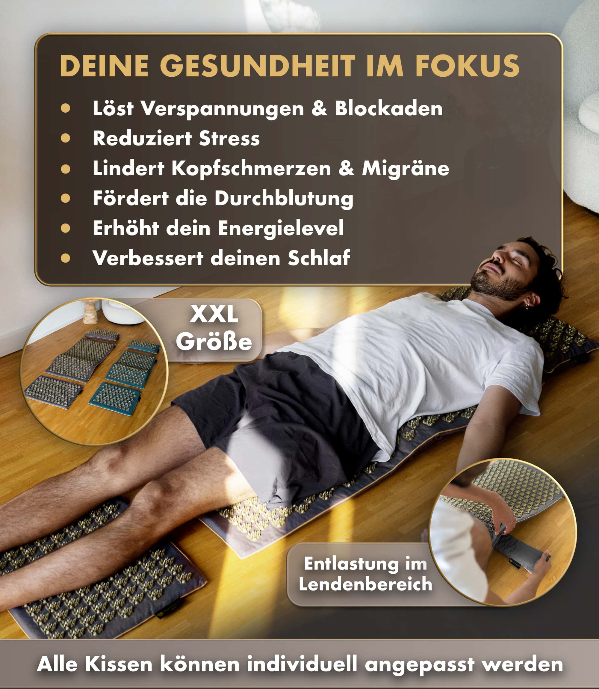 Akupressurmatte intensiv | MANDALA PRO XXL 5er Set - grau auf einer Fläche mit gesundheitsfördernden Vorteilen.