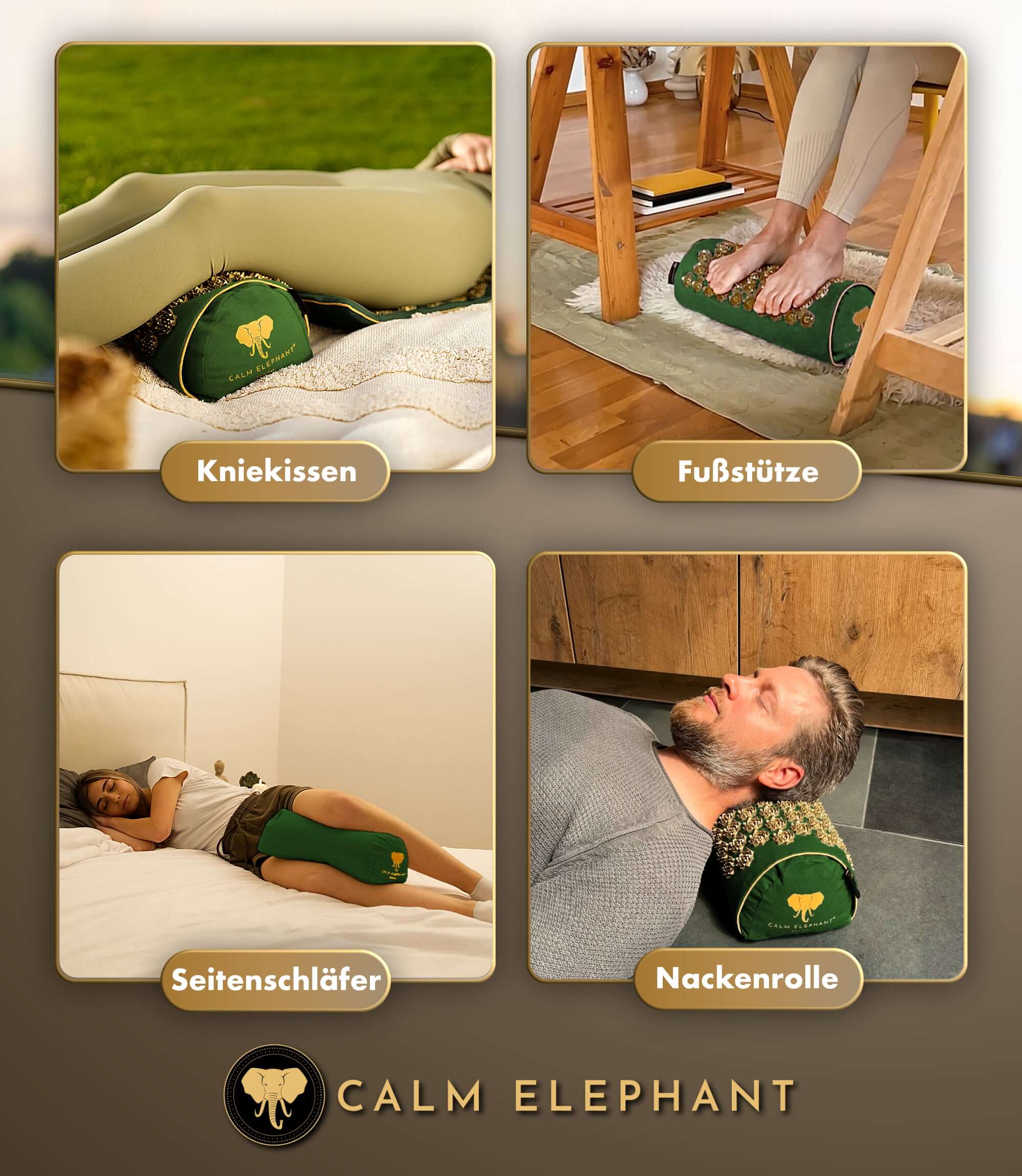 Akupressurkissen 2in1 - grün von CALM ELEPHANT in verschiedenen Anwendungen als Kniesupport, Fußstütze, Seitenschläfer und Nackenrolle.