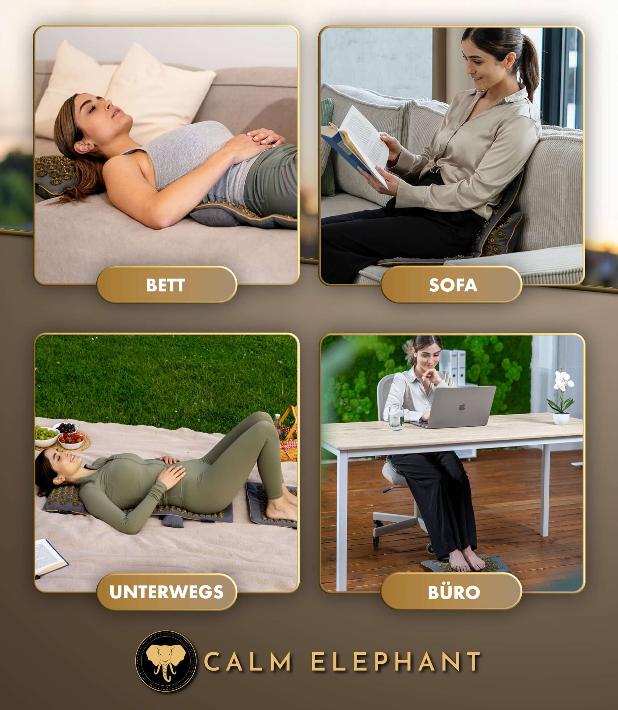 Akupressurmatte | GENUINE 5er Set - grau in verschiedenen Anwendungen: Bett, Sofa, unterwegs, Büro.