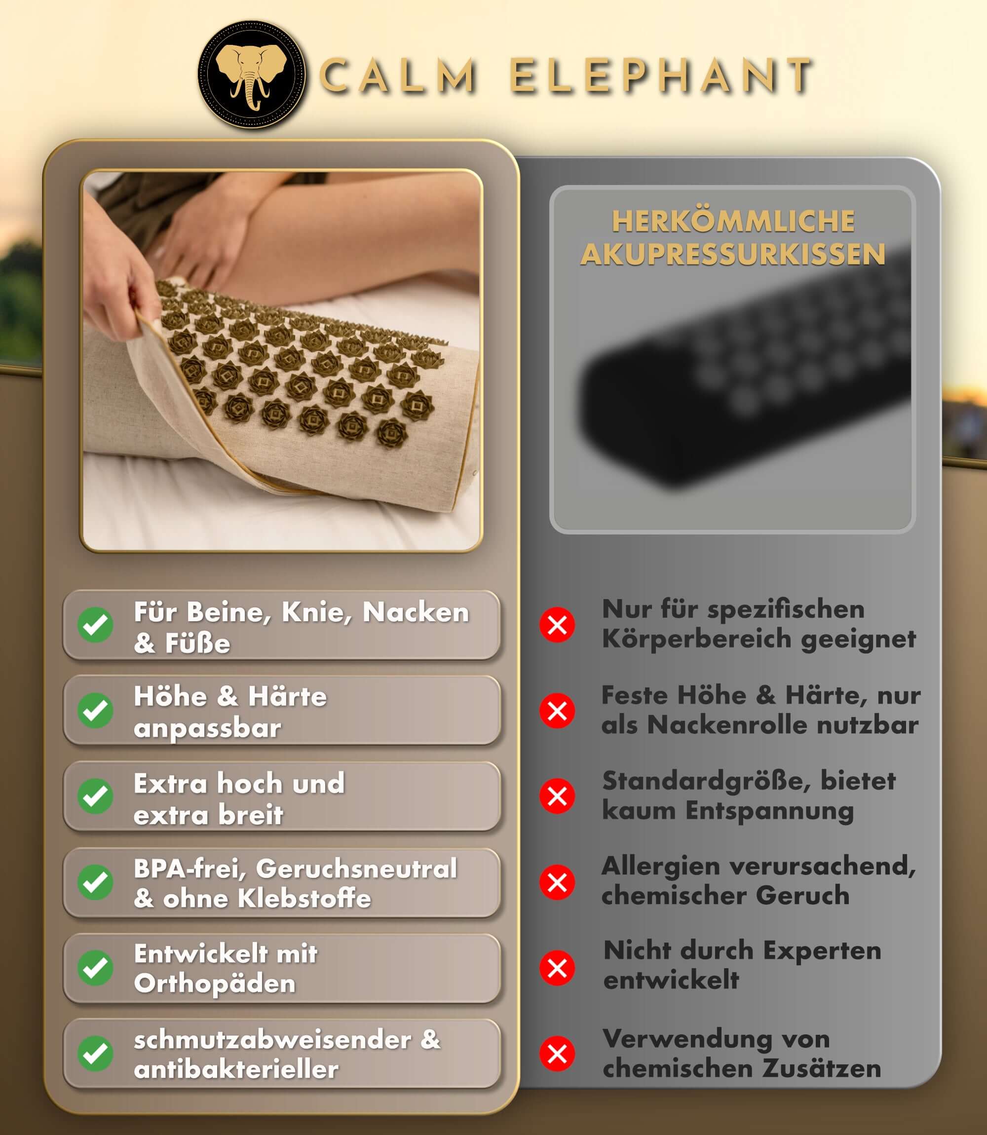 Akupressurkissen 2in1 - beige von CALM ELEPHANT, ideal zur Linderung von Nackenverspannungen und Fußschmerzen.