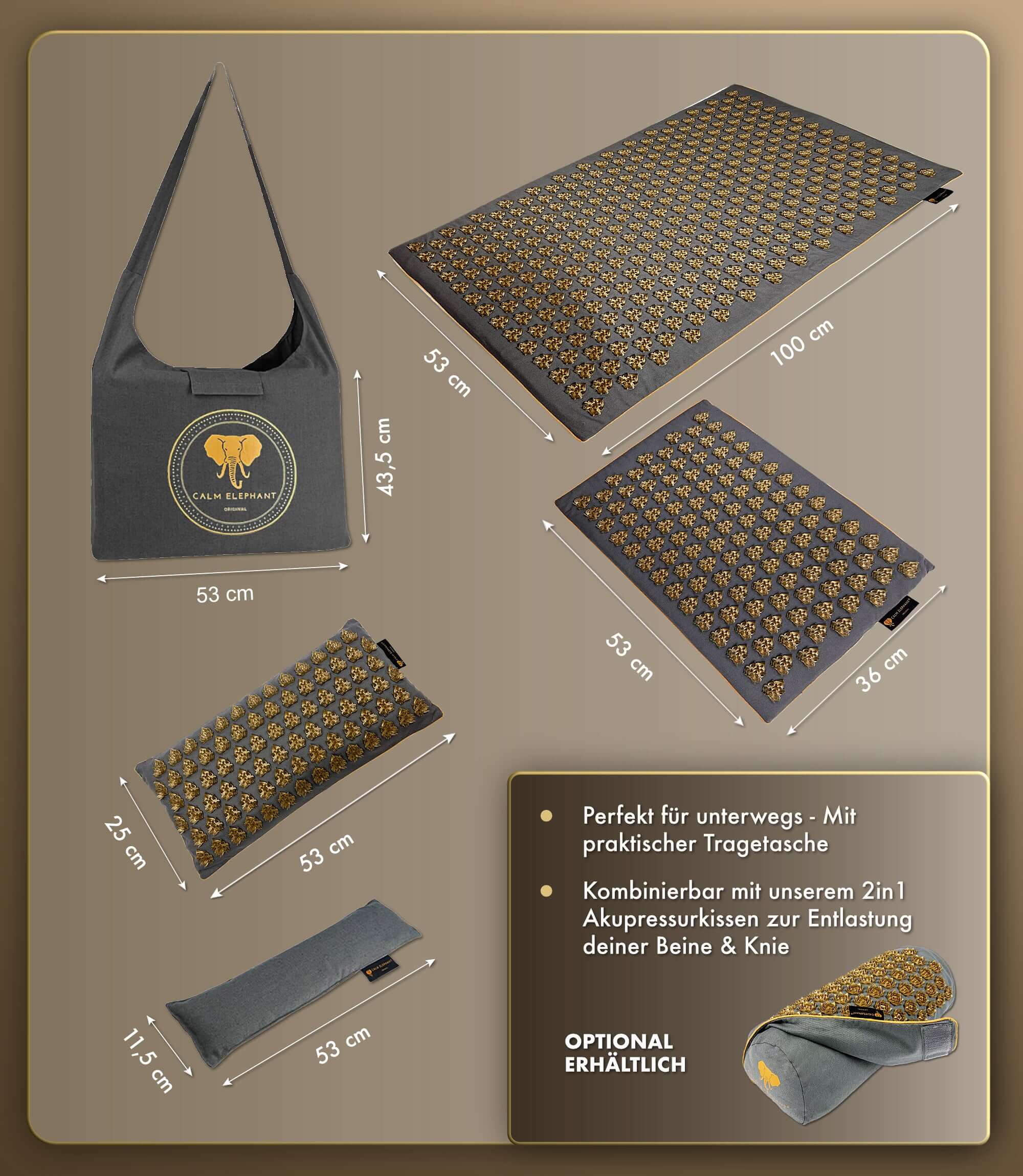 Akupressurmatte intensiv | MANDALA PRO XXL 5er Set - grau, inklusive Tragetasche und Akupressurkissen.