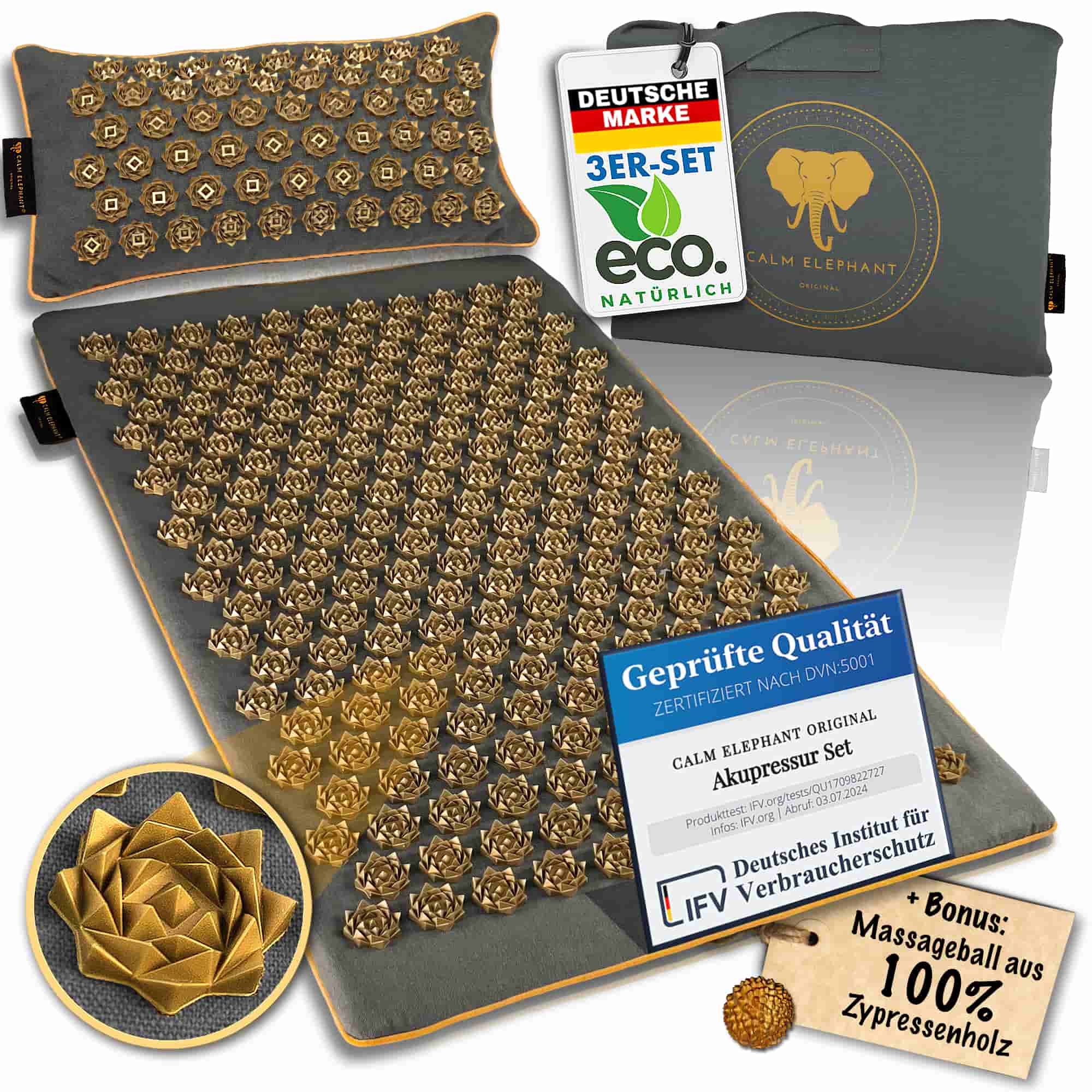 Akupressurmatte | PURE ECO 3er Set - grau von CALM ELEPHANT mit goldenem Design und hochwertiger Qualität.