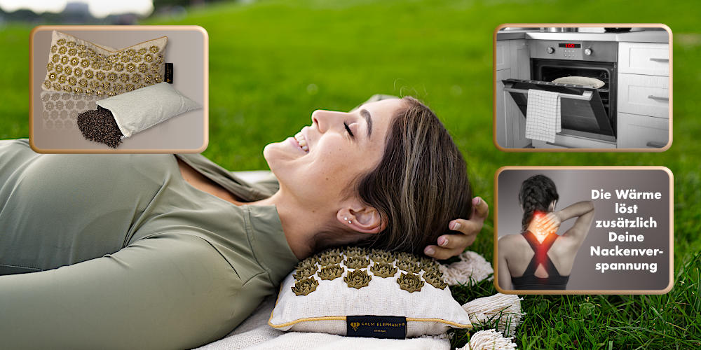 Das Kissen ist mit Buchweizenschalen gefüllt, die vor der Nutzung im Ofen erhitzt werden können